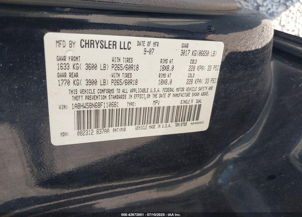 2008 CHRYSLER ASPEN VIN: 1A8HW58N68F110681