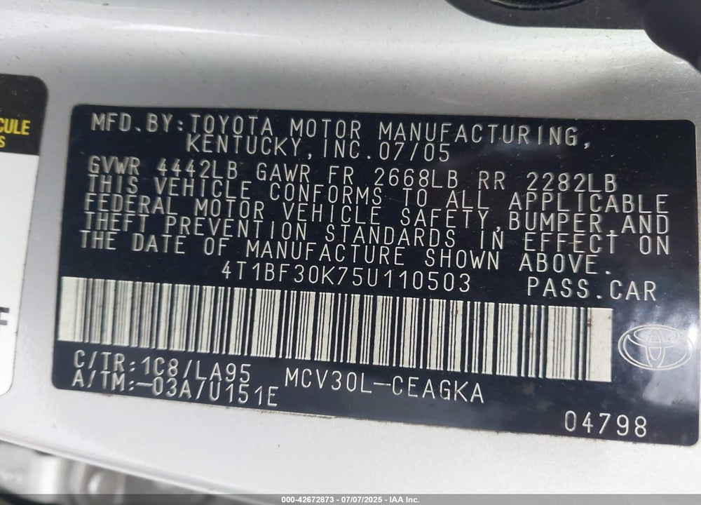 2005 TOYOTA CAMRY XLE V6 VIN: 4T1BF30K75U110503
