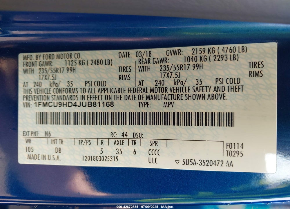2018 FORD ESCAPE VIN: 1FMCU9HD4JUB81168