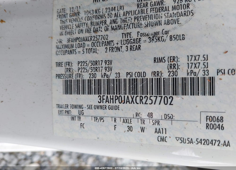 2012 FORD FUSION VIN: 3FAHP0JAXCR257702