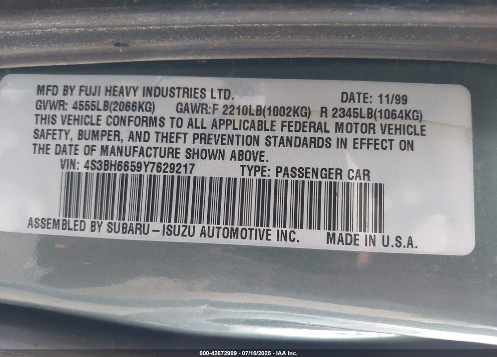 2000 SUBARU OUTBACK VIN: 4S3BH6659Y7629217