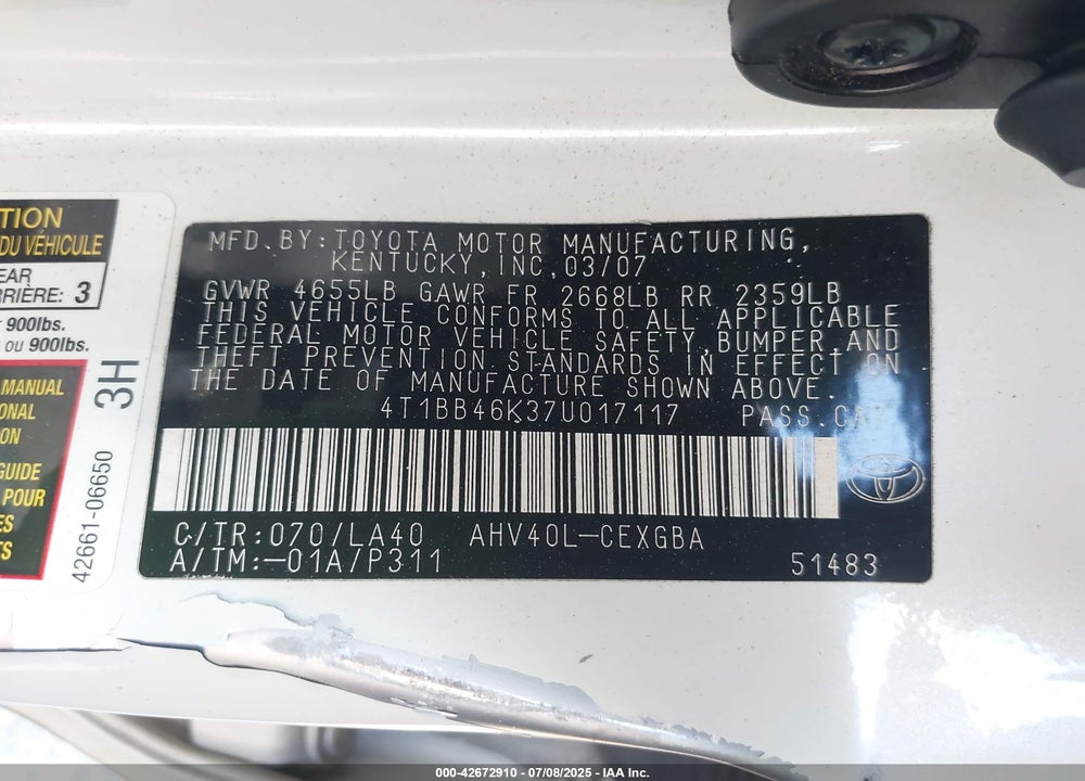 2007 TOYOTA CAMRY HYBRID VIN: 4T1BB46K37U017117