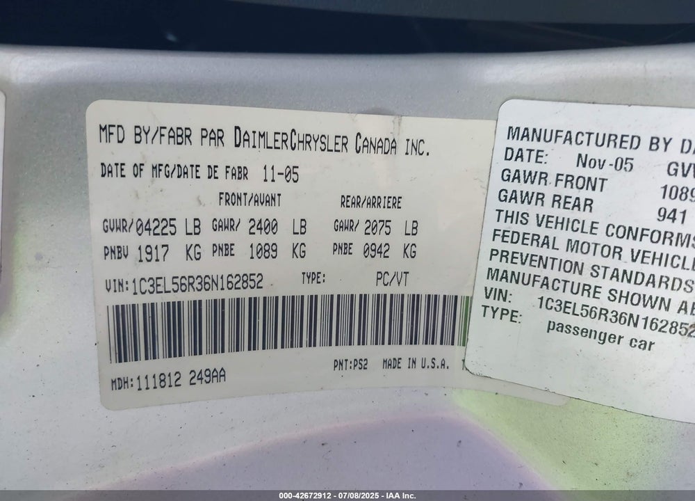 2006 CHRYSLER SEBRING TOURING VIN: 1C3EL56R36N162852