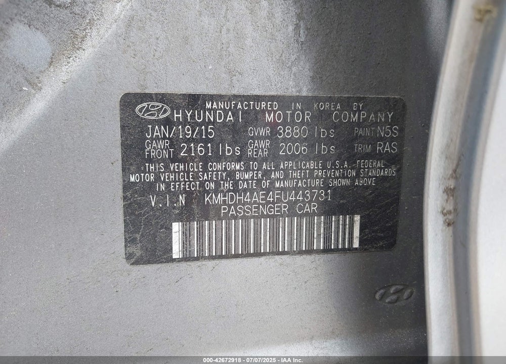 2015 HYUNDAI ELANTRA SE VIN: KMHDH4AE4FU443731