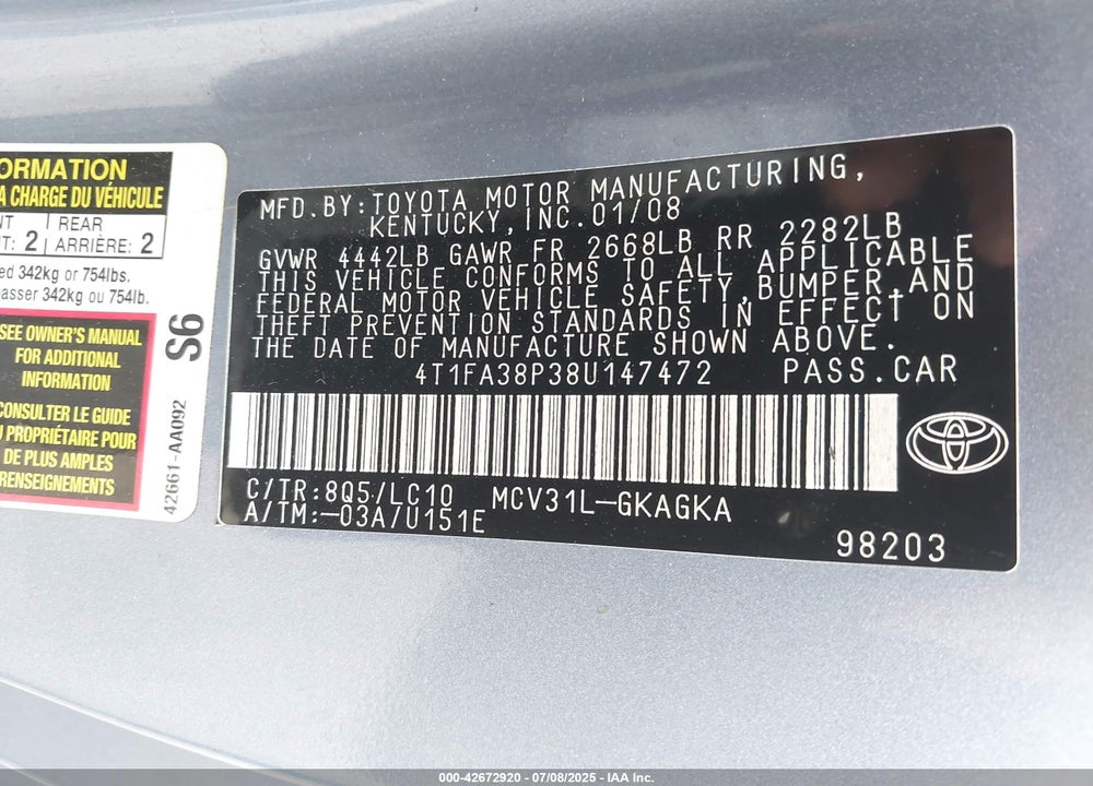2008 TOYOTA CAMRY SOLARA SLE VIN: 4T1FA38P38U147472