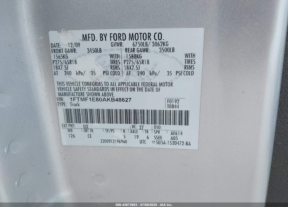2010 FORD F-150 VIN: 1FTMF1E80AKB48627