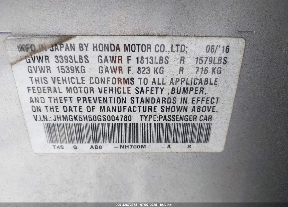 2016 HONDA FIT VIN: JHMGK5H50GS004780