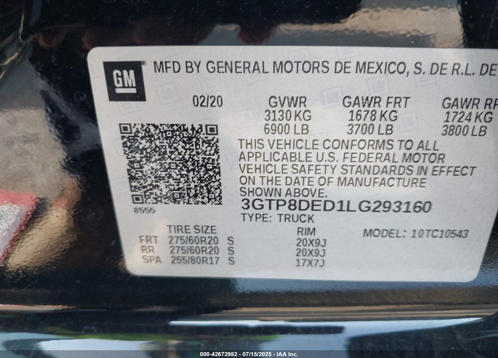 2020 GMC SIERRA 1500 VIN: 3GTP8DED1LG293160