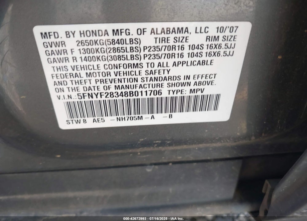 2008 HONDA PILOT VIN: 5FNYF28348B011706
