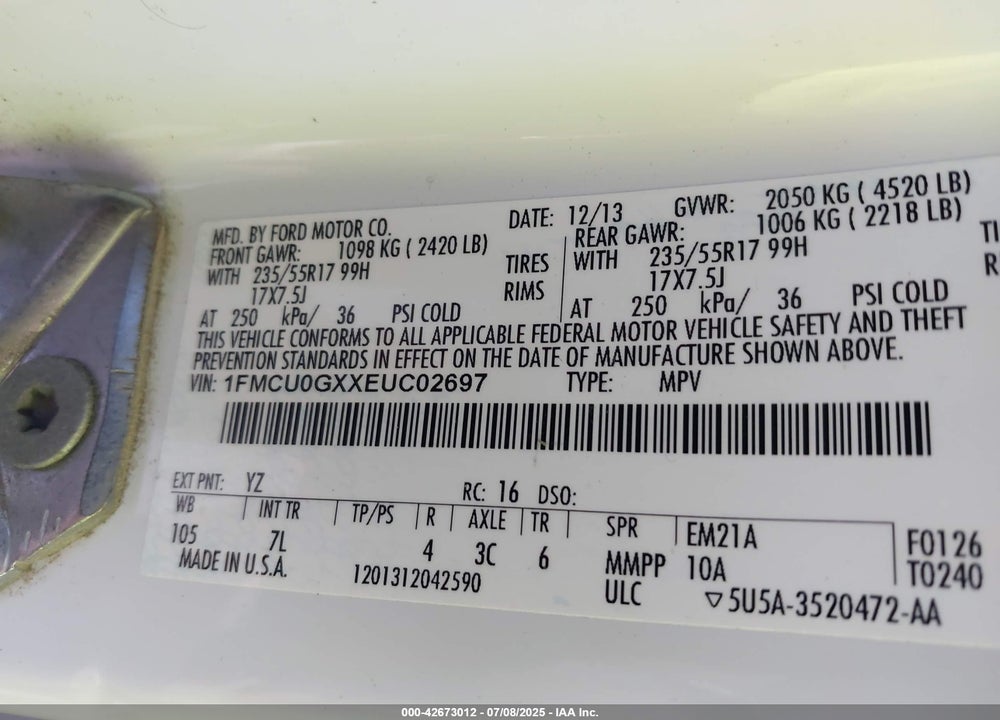 2014 FORD ESCAPE SE VIN: 1FMCU0GXXEUC02697