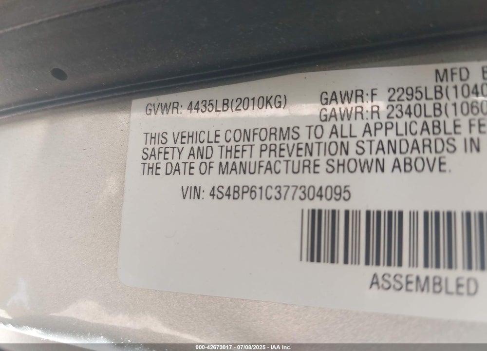 2007 SUBARU OUTBACK 2.5I VIN: 4S4BP61C377304095