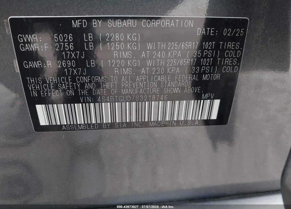 2025 SUBARU OUTBACK VIN: 4S4BTGUD7S3218746