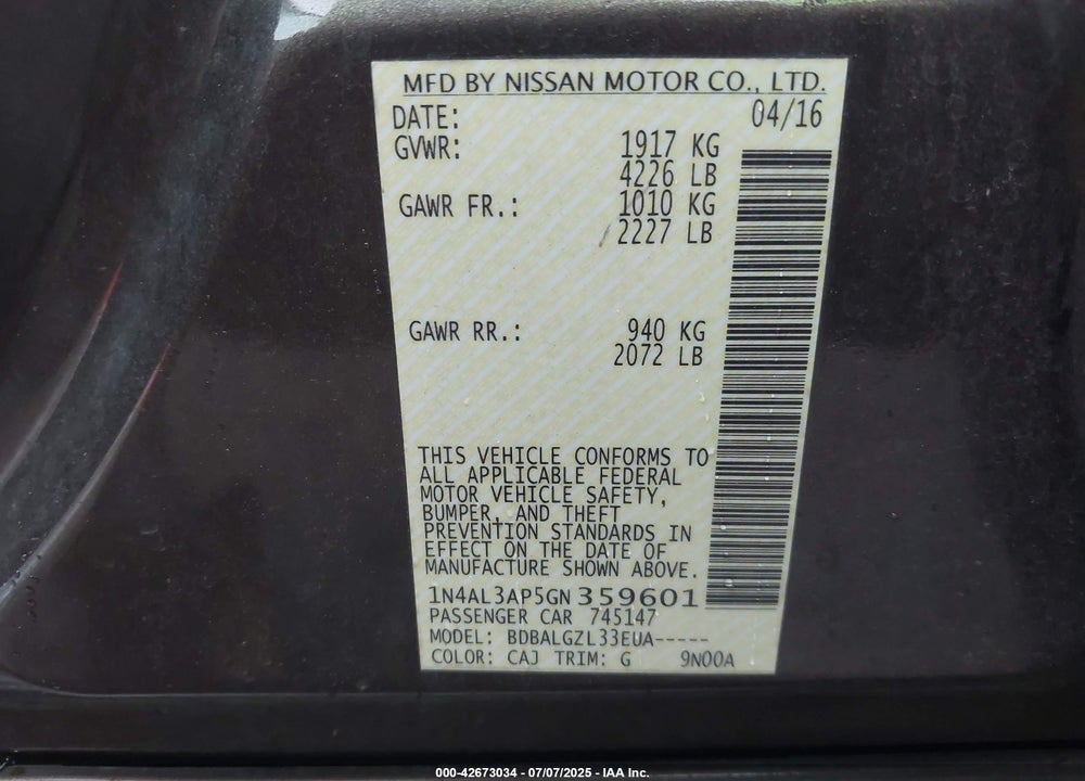 2016 NISSAN ALTIMA VIN: 1N4AL3AP5GN359601