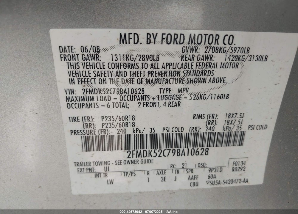 2009 FORD FLEX VIN: 2FMDK52C79BA10628