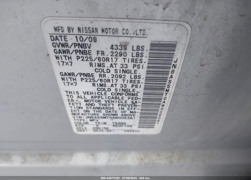 2010 NISSAN ROGUE VIN: JN8AS5MT0AW008361