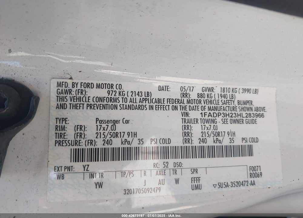 2017 FORD FOCUS VIN: 1FADP3H23HL283966