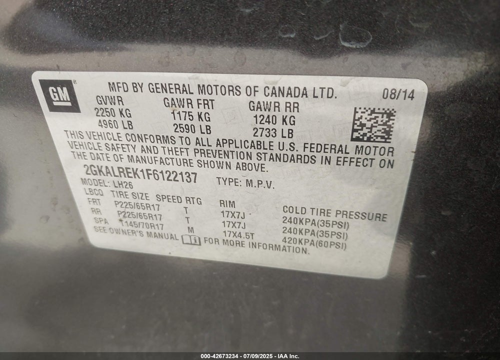 2015 GMC TERRAIN SLE-2 VIN: 2GKALREK1F6122137