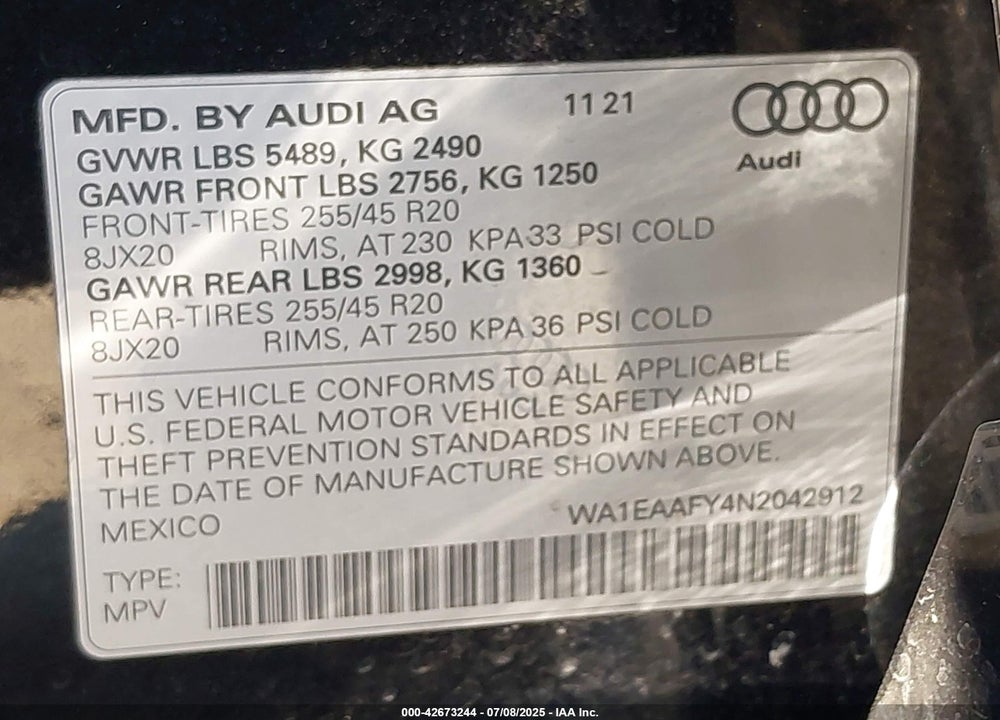 2022 AUDI Q5 VIN: WA1EAAFY4N2042912