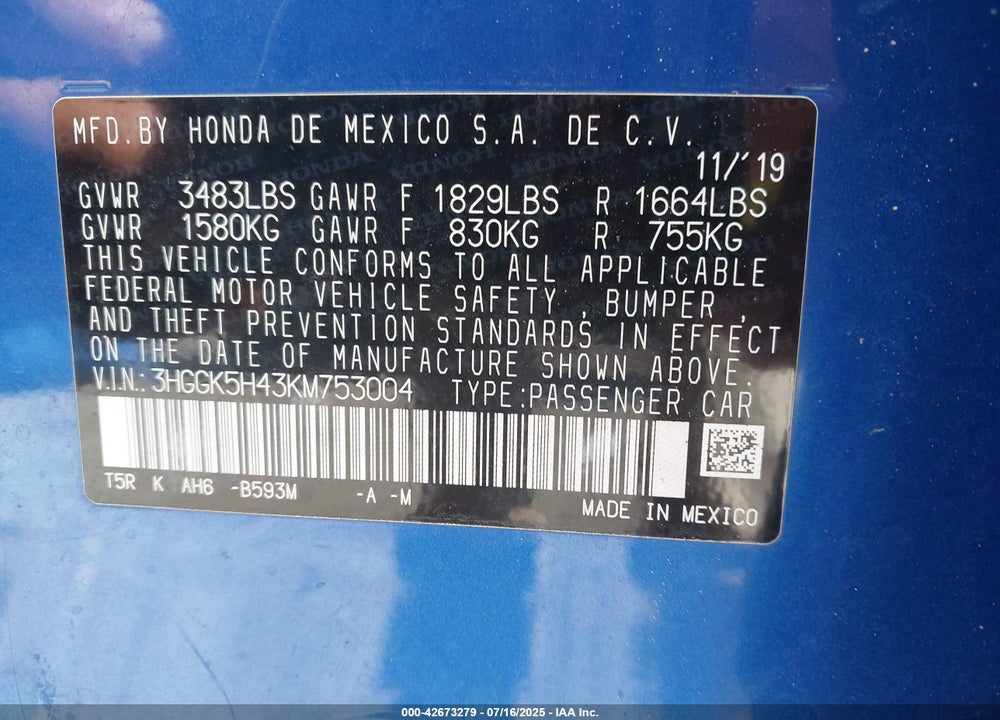 2019 HONDA FIT LX VIN: 3HGGK5H43KM753004