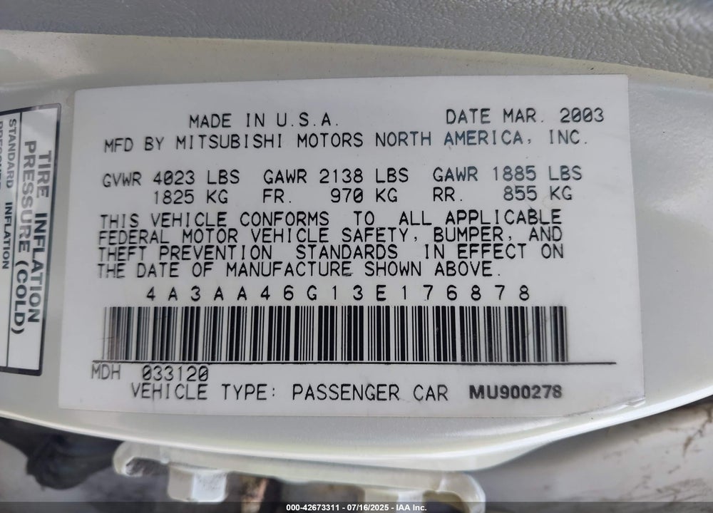 2003 MITSUBISHI GALANT ES/LS VIN: 4A3AA46G13E176878
