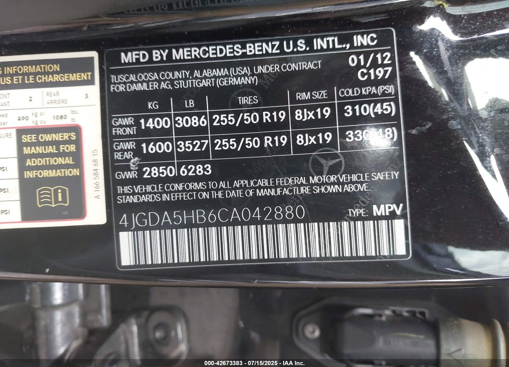 2012 MERCEDES-BENZ M-CLASS VIN: 4JGDA5HB6CA042880