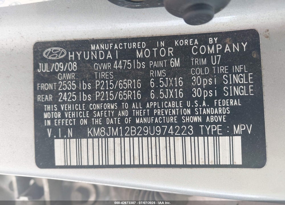 2009 HYUNDAI TUCSON GLS VIN: KM8JM12B29U974223