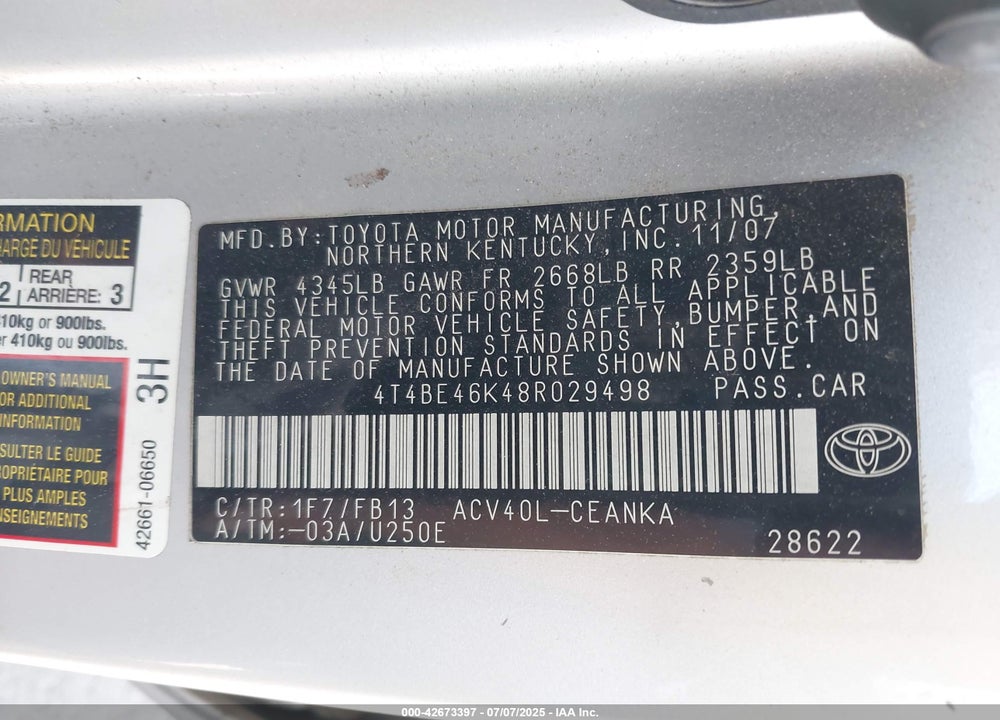 2008 TOYOTA CAMRY VIN: 4T4BE46K48R029498