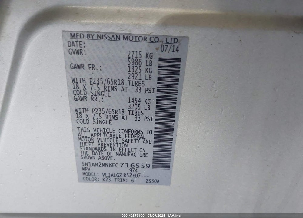 2014 NISSAN PATHFINDER VIN: 5N1AR2MN8EC716559
