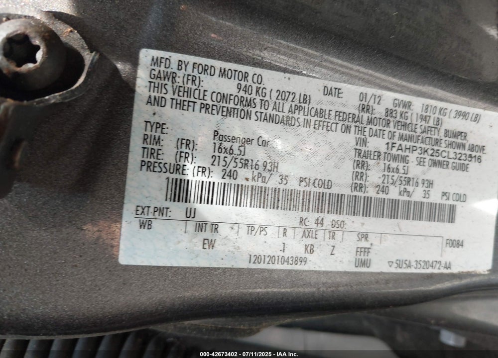 2012 FORD FOCUS VIN: 1FAHP3K25CL323516
