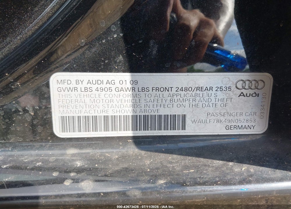 2009 AUDI A4 VIN: WAULF78K49N052853