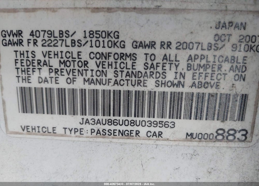 2008 MITSUBISHI LANCER VIN: JA3AU86U08U039563