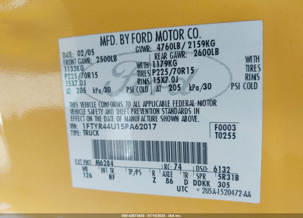 2005 FORD RANGER EDGE/STX/XLT VIN: 1FTYR44U15PA62017