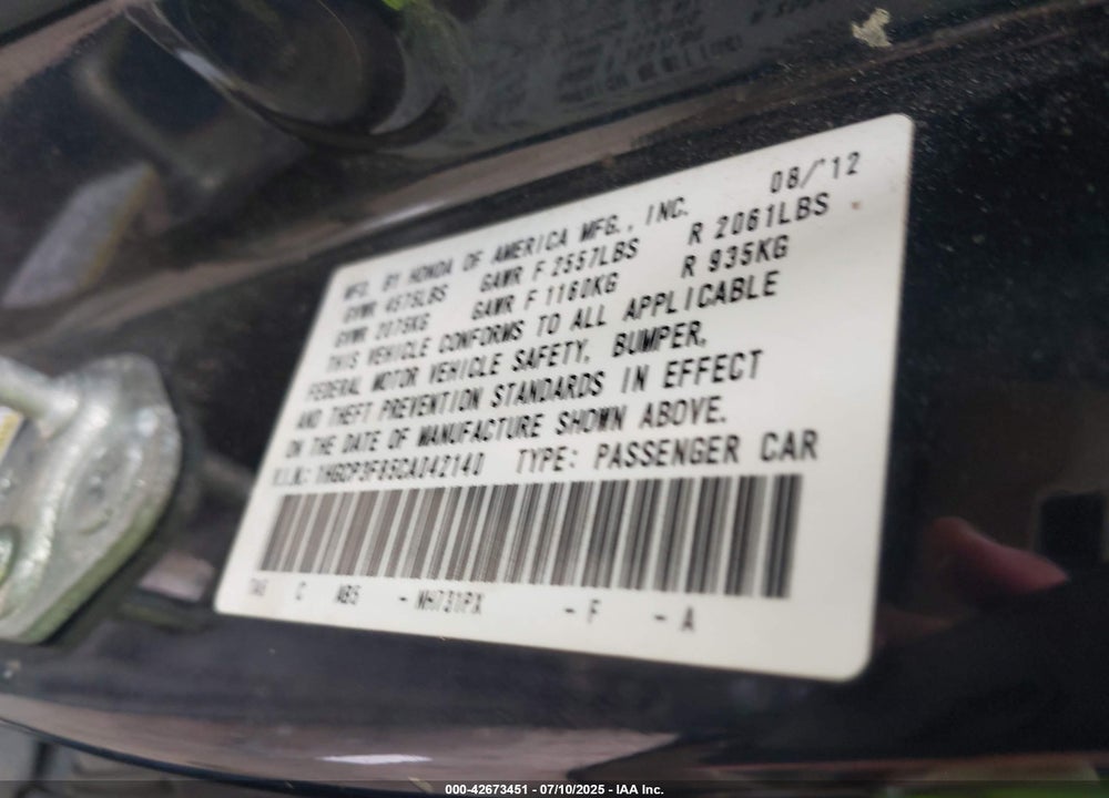 2012 HONDA ACCORD VIN: 1HGCP3F85CA042140