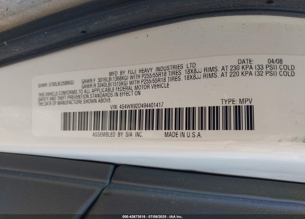 2009 SUBARU TRIBECA VIN: 4S4WX92D494401417