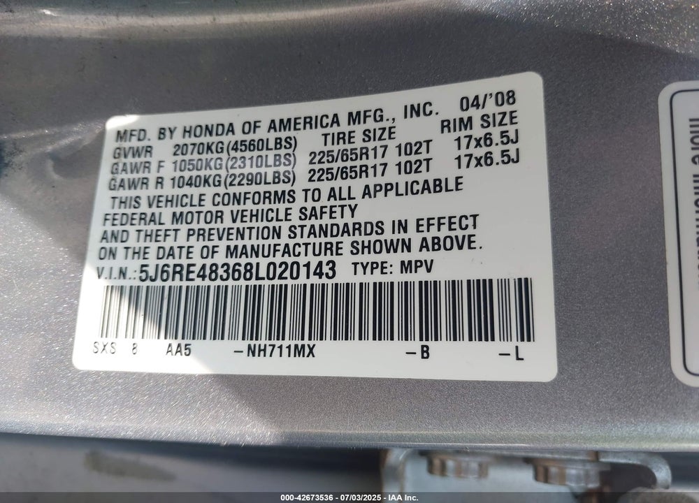 2008 HONDA CR-V LX VIN: 5J6RE48368L020143