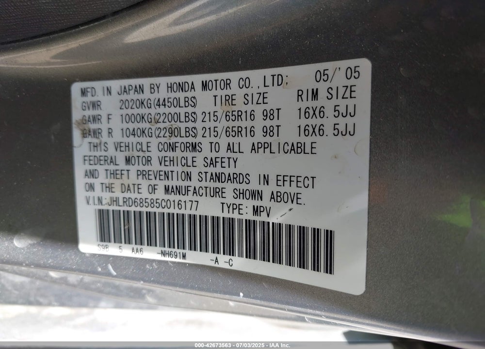 2005 HONDA CR-V LX VIN: JHLRD68585C016177
