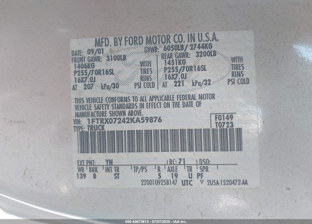2002 FORD F-150 XL/XLT VIN: 1FTRX07242KA59876
