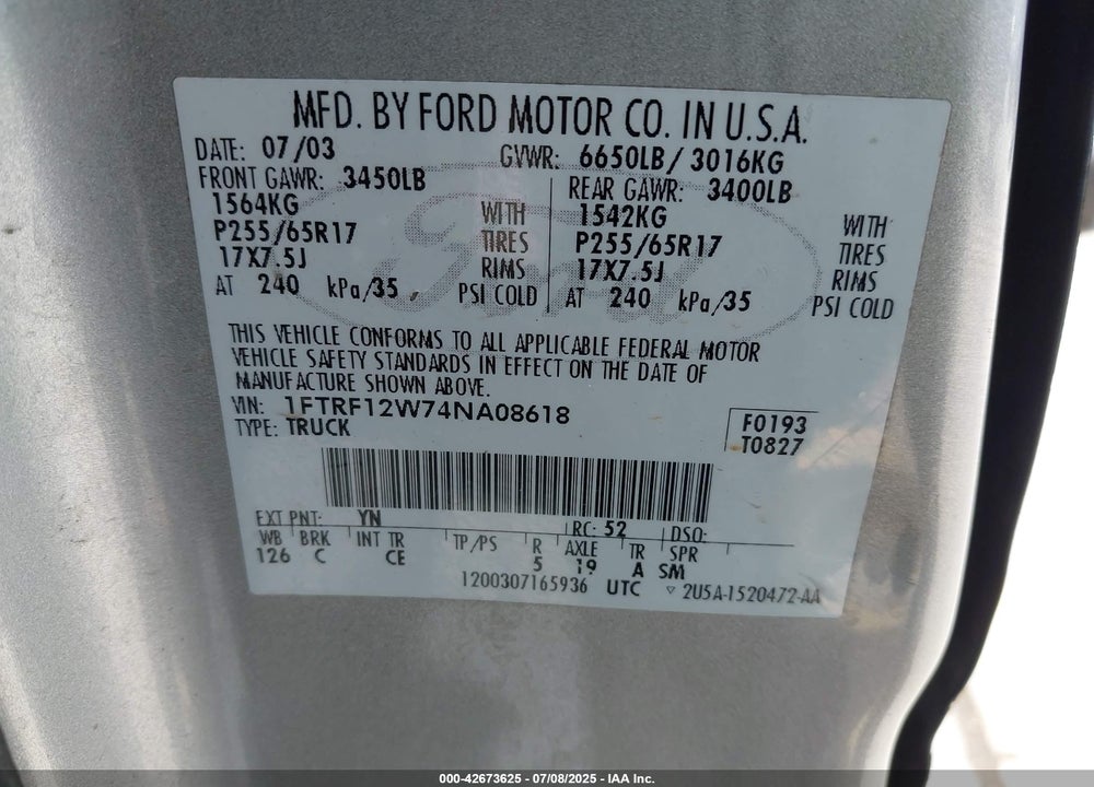 2004 FORD F-150 STX/XL/XLT VIN: 1FTRF12W74NA08618