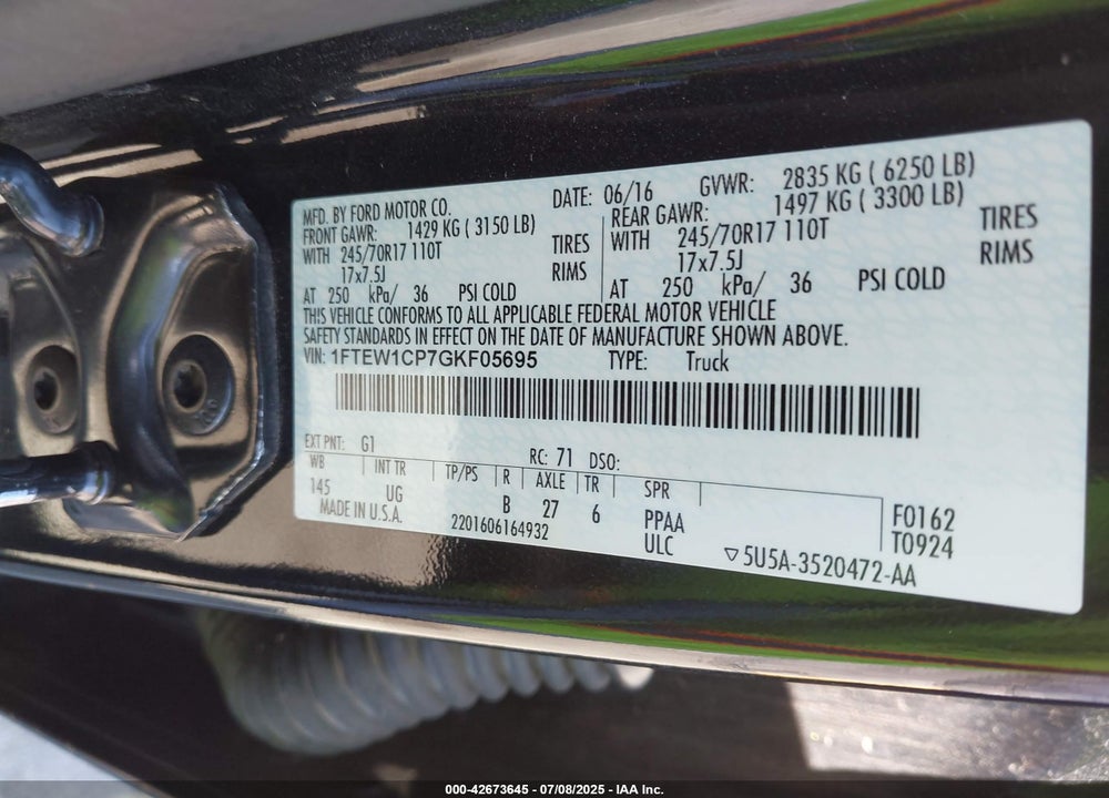 2016 FORD F-150 VIN: 1FTEW1CP7GKF05695