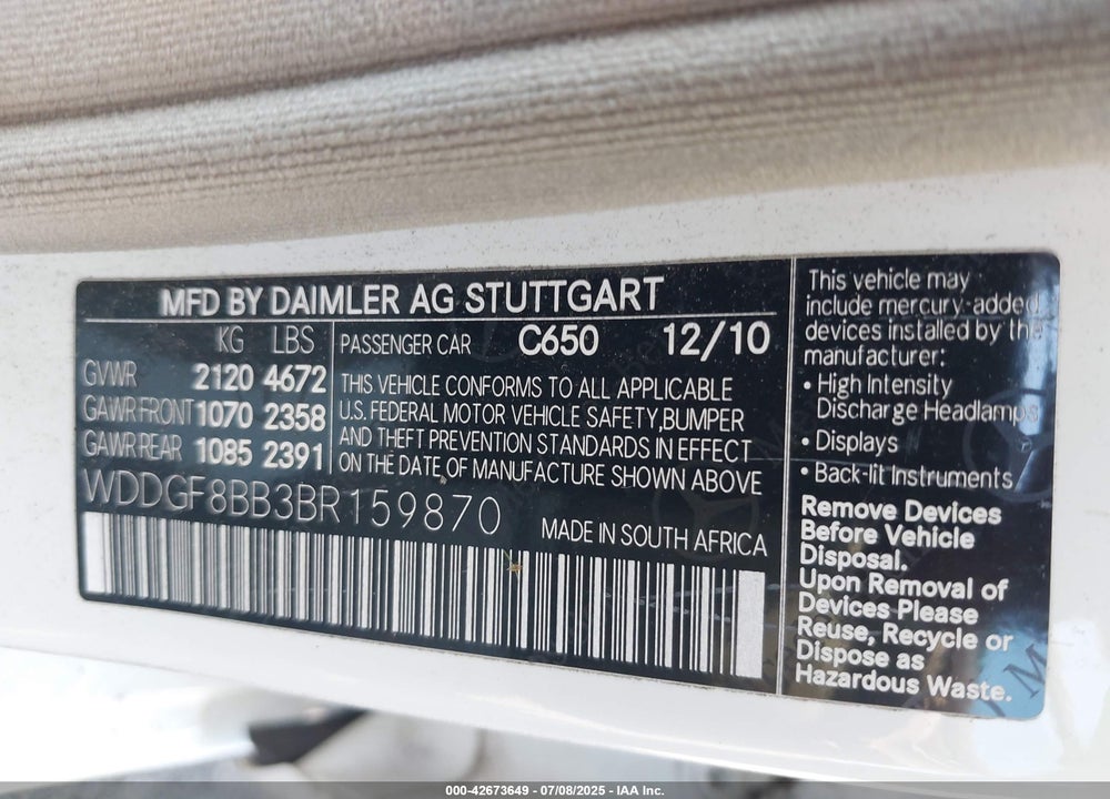 2011 MERCEDES-BENZ C 300 VIN: WDDGF8BB3BR159870