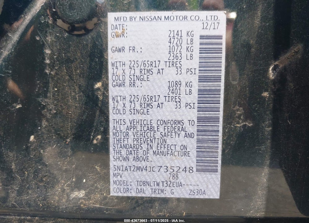 2018 NISSAN ROGUE VIN: 5N1AT2MV4JC735248
