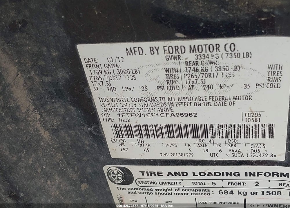 2012 FORD F-150 VIN: 1FTFW1EF1CFA96962