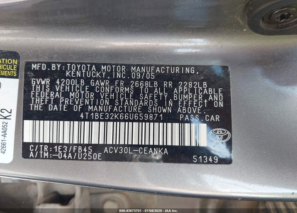 2006 TOYOTA CAMRY VIN: 4T1BE32K66U659871
