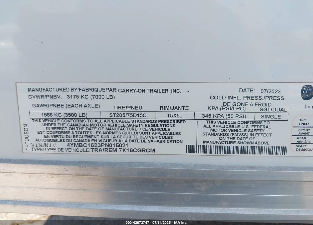 2023 CARRY ON CARGO TRAILER VIN: 4YMBC1623PN015021