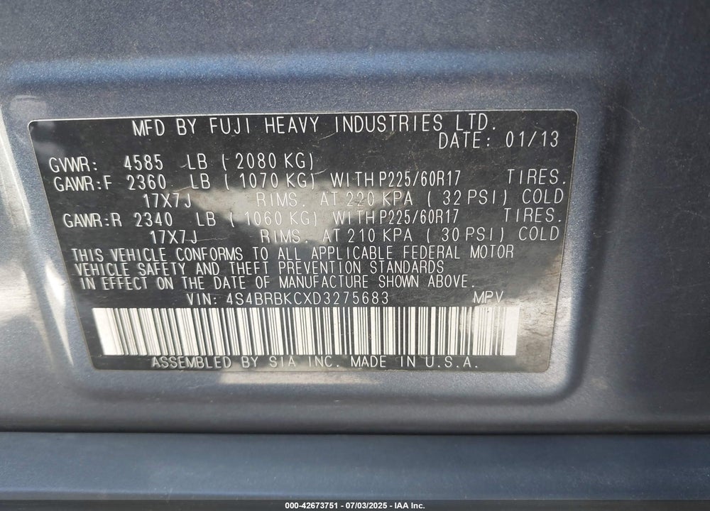 2013 SUBARU OUTBACK VIN: 4S4BRBKCXD3275683