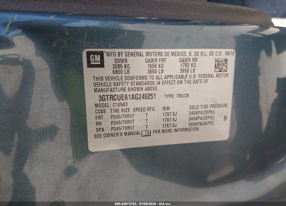 2010 GMC SIERRA 1500 VIN: 3GTRCUEA1AG249251