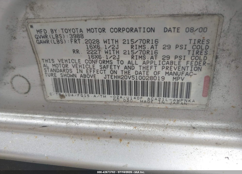 2001 TOYOTA RAV4 VIN: JTEHH20V510028019