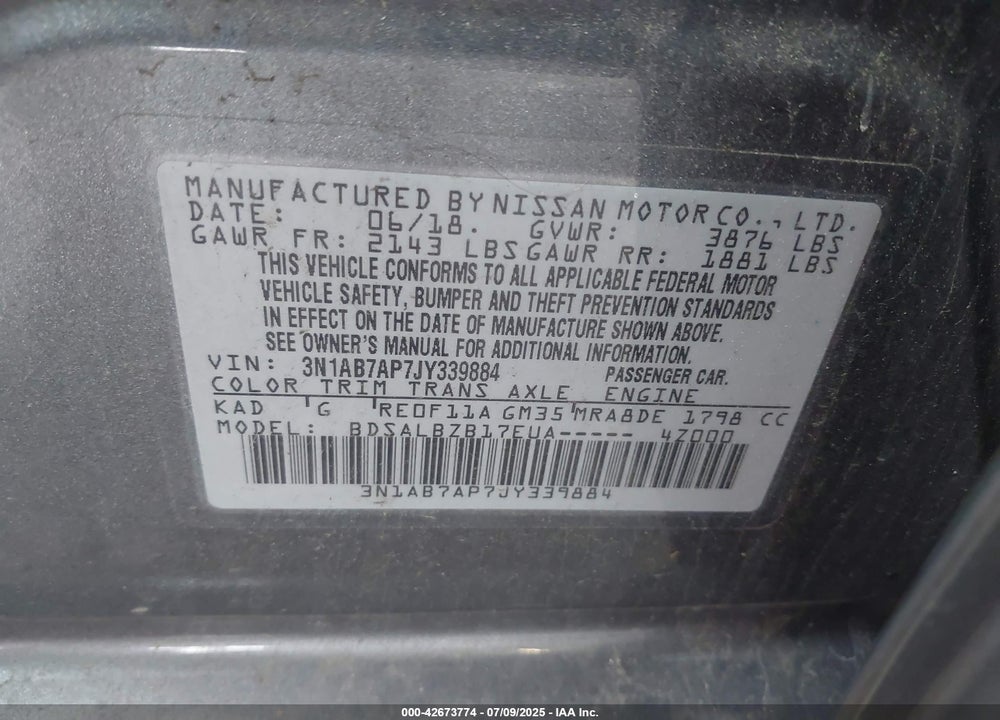 2018 NISSAN SENTRA S VIN: 3N1AB7AP7JY339884
