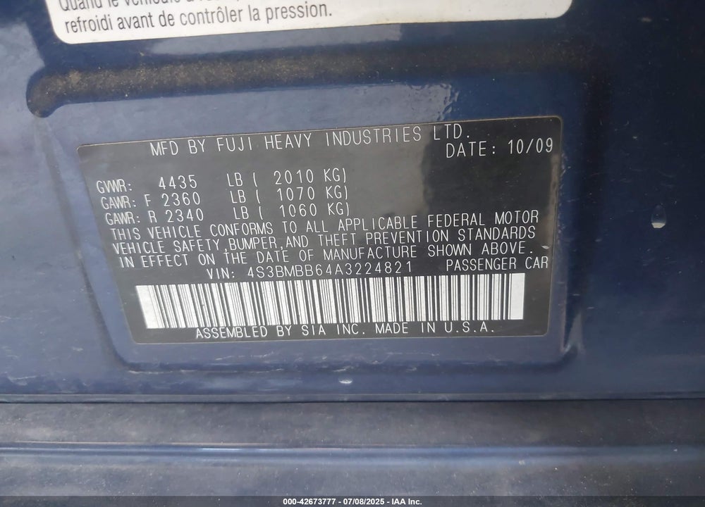 2010 SUBARU LEGACY VIN: 4S3BMBB64A3224821