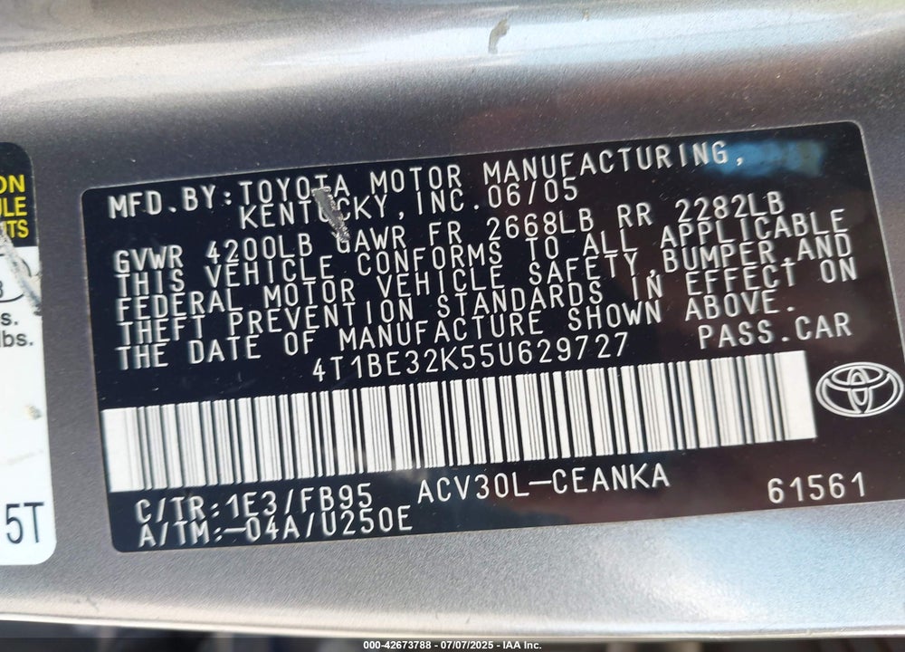 2005 TOYOTA CAMRY STD/ VIN: 4T1BE32K55U629727